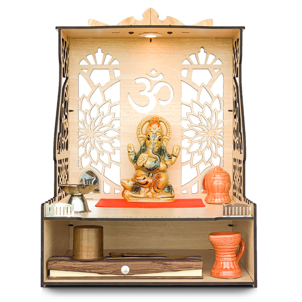 Townside Lambodar Gajanan Temple, Beige Coloured, With Yellow LED Spot Light. Lord Ganesha is there on the side walls and back wall has laser cut decoration. Overall it gives a very open feeling. It is Front Photo