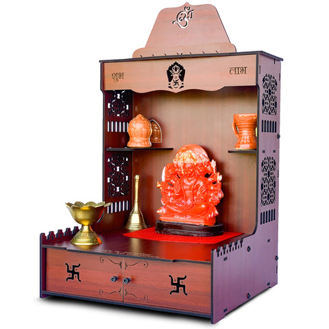 Wooden MDF Temple with LED (H: 19.6, L: 11.8, W: 12 in)- Red Prakriti