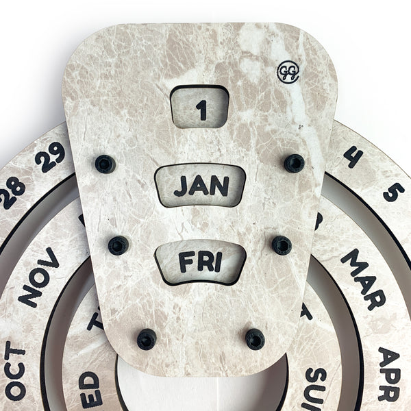 Wooden Rotating Circular Perpetual Calendar (White Stone Finish)