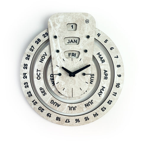 Wooden Circular Perpetual Calendar with Clock (Large, White Stone Finish)