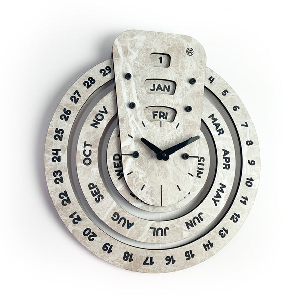 Wooden Circular Perpetual Calendar with Clock (Large, White Stone Finish)