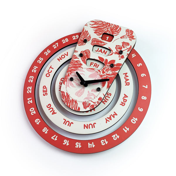 Galliard Games Printed Wooden Perpetual Calendar with Clock (Large, Red) (Wall Mounted)