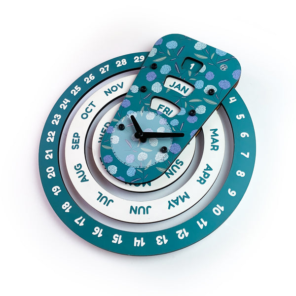 Galliard Games Printed Wooden Perpetual Calendar with Clock (Large, Turquoise) (Wall Mounted)