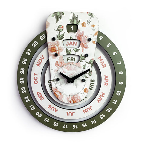 Galliard Games Printed Wooden Perpetual Calendar with Clock (Large, Green) (Wall Mounted)