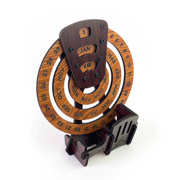 Perpetual Desk Calendar with Pen Stand (Wooden) (Teak & Mahogany Finish), (Ring diameter: 8 inch; Height: 9 inch)