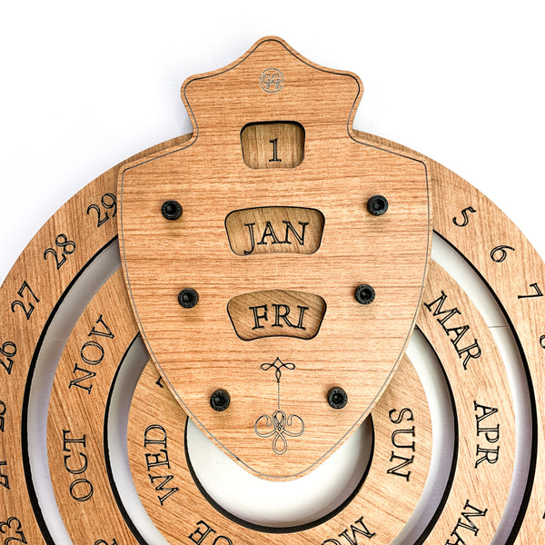 Galliard Games Perpetual Wall Calendar Wooden MDF, (Oak Finished) (Shield Design) (12 inch)