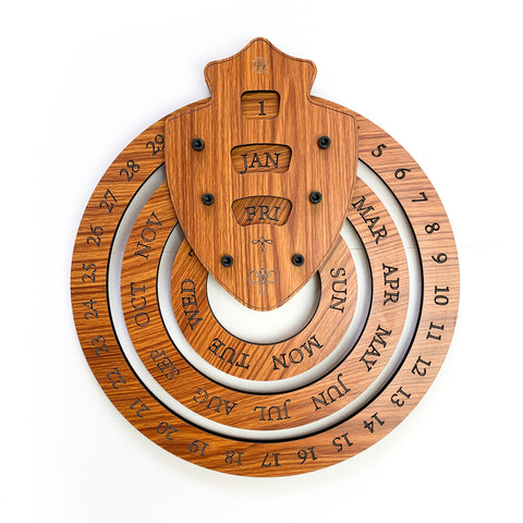 Galliard Games Perpetual Wall Calendar Wooden MDF, (Teak Finished) (Shield Design) (12 inch)