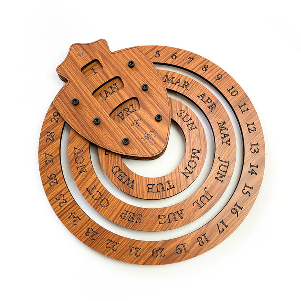 Galliard Games Perpetual Wall Calendar Wooden MDF, (Teak Finished) (Shield Design) (12 inch)