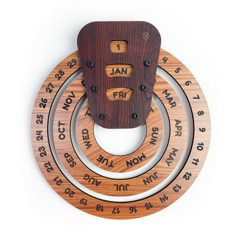 Wooden Rotating Circular Perpetual Calendar (Dual Tone Brown Beige)