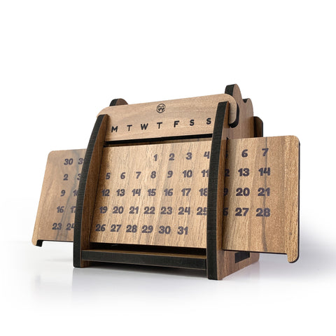 Pen Stand with Sliding Perpetual Calendar (Oak Finish) (4 inch x 4 inch)