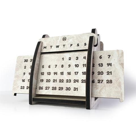 Pen Stand with Sliding Perpetual Calendar (White Stone Finish) (4 inch x 4 inch)