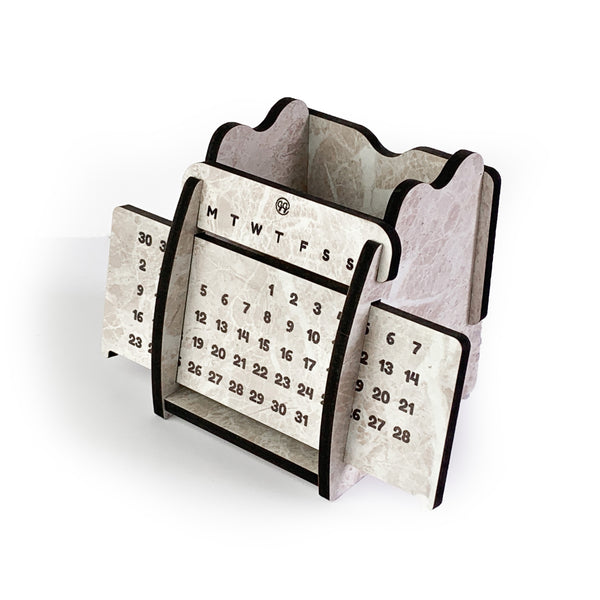 Pen Stand with Sliding Perpetual Calendar (White Stone Finish) (4 inch x 4 inch)