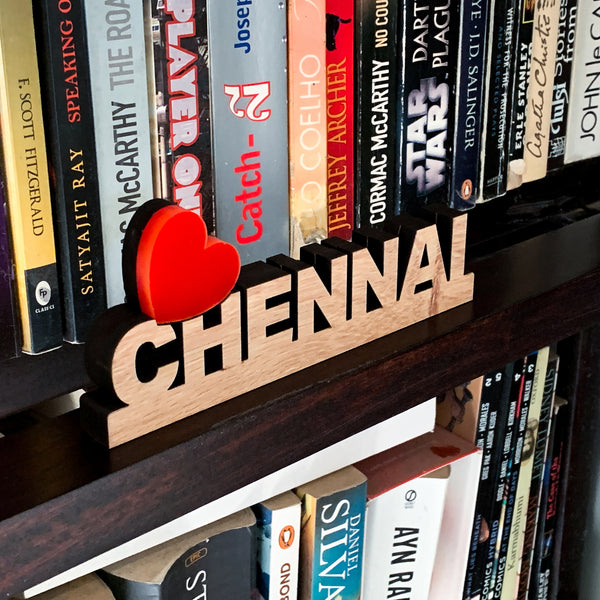 love chennai signage on bookshelf